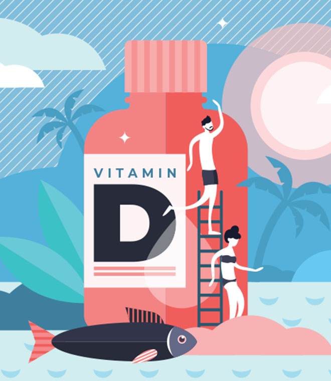 Graphic of vitamin D bottle at the beach